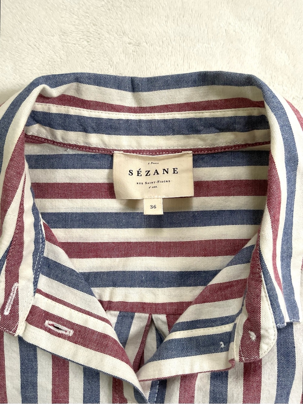 Sézane Max Shirt 36 Blue Ecru Burgundy Stripe Organic Cotton - Picture 3 of 12